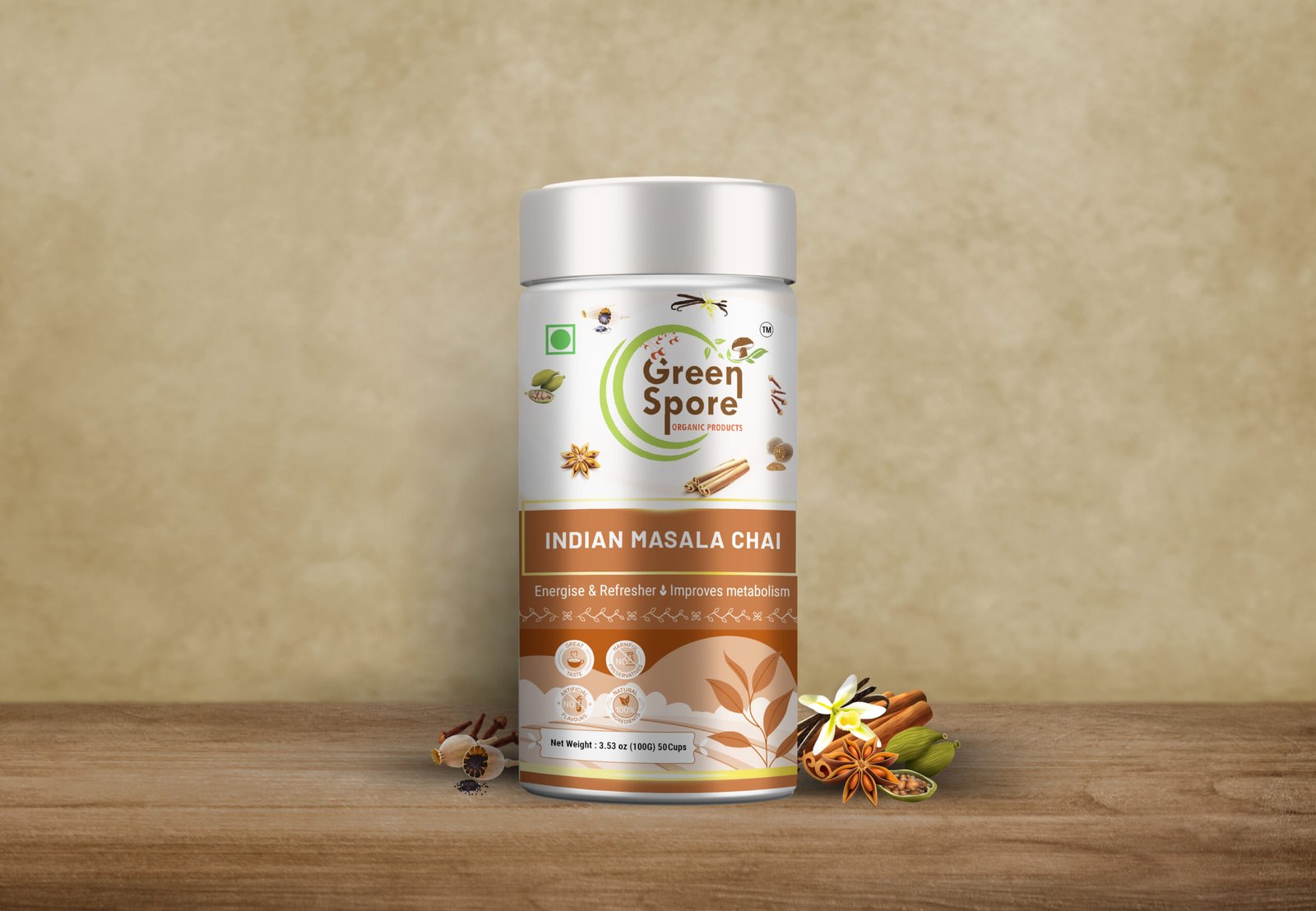 Set of glossy metal jar mockup on gray background. Template packaging food, cosmetics, chemistry different size big, medium, small. 3D rendering Indian Masala Chai - Image 1