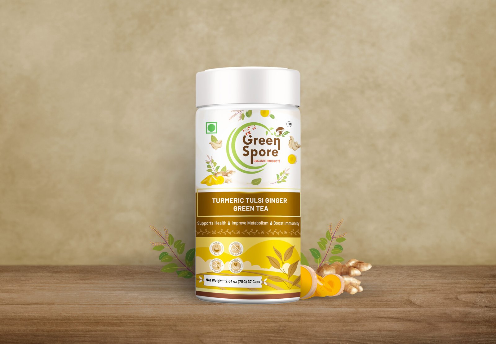 Set of glossy metal jar mockup on gray background. Template packaging food, cosmetics, chemistry different size big, medium, small. 3D rendering Turmeric Tulsi Ginger Green Tea - Image 1